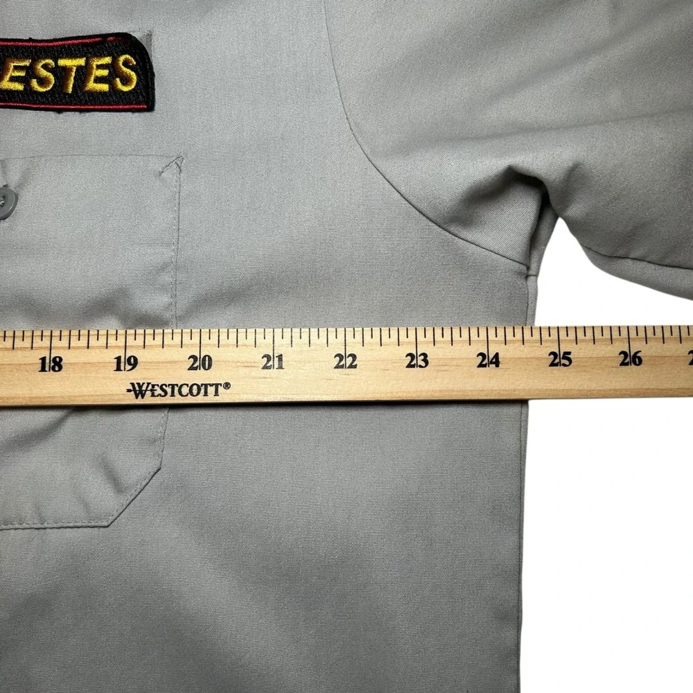 Vintage Mens ESTES Work Shirt Short Sleeve‎ Gray Embroidered Ray American Flag